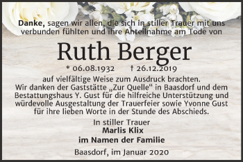 Traueranzeige von Ruth Berger von Mitteldeutsche Zeitung Köthen