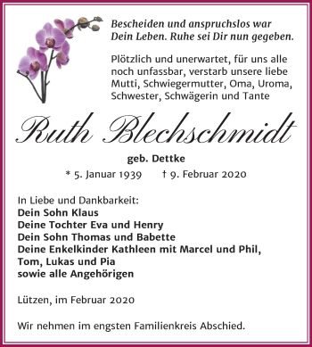 Traueranzeige von Ruth Blechschmidt von Mitteldeutsche Zeitung Weißenfels