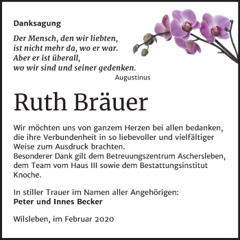 Traueranzeige von Ruth Bräuer von Super Sonntag Aschersleben