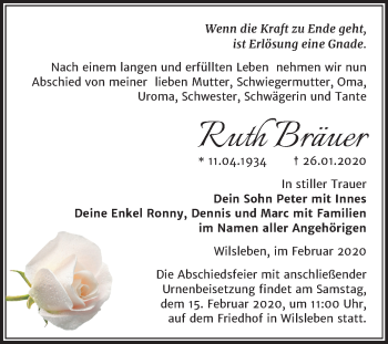 Traueranzeige von Ruth Bräuer von Super Sonntag Aschersleben