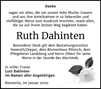 Traueranzeige von Ruth Dahinten von Wochenspiegel Bitterfeld
