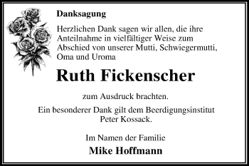 Traueranzeige von Ruth Fickenscher von Mitteldeutsche Zeitung Wittenberg
