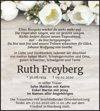 Traueranzeige von Ruth Freyberg von Super Sonntag Bernburg