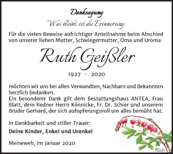 Traueranzeige von Ruth Geißler von Super Sonntag Zeitz