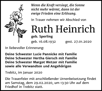 Traueranzeige von Ruth Heinrich von Mitteldeutsche Zeitung Wittenberg