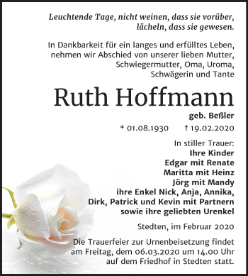 Traueranzeige von Ruth Hoffmann von Mitteldeutsche Zeitung Mansfelder Land