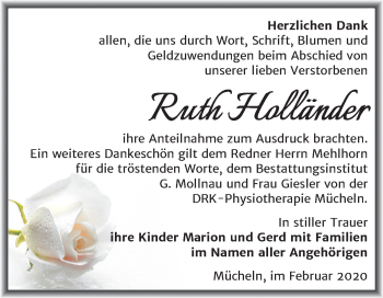 Traueranzeige von Ruth Holländer von Mitteldeutsche Zeitung Merseburg/Querfurt