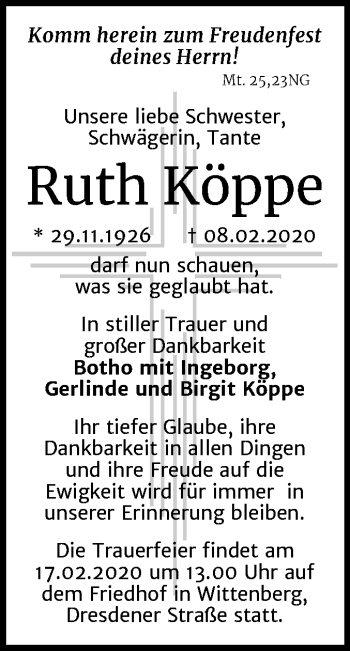 Traueranzeige von Ruth Köppe von Mitteldeutsche Zeitung Wittenberg