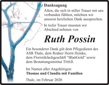 Traueranzeige von Ruth Possin von Mitteldeutsche Zeitung Quedlinburg