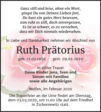 Traueranzeige von Ruth Prätorius von Wochenspiegel Bitterfeld