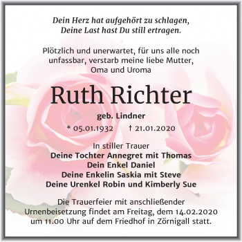 Traueranzeige von Ruth Richter von Super Sonntag Wittenberg