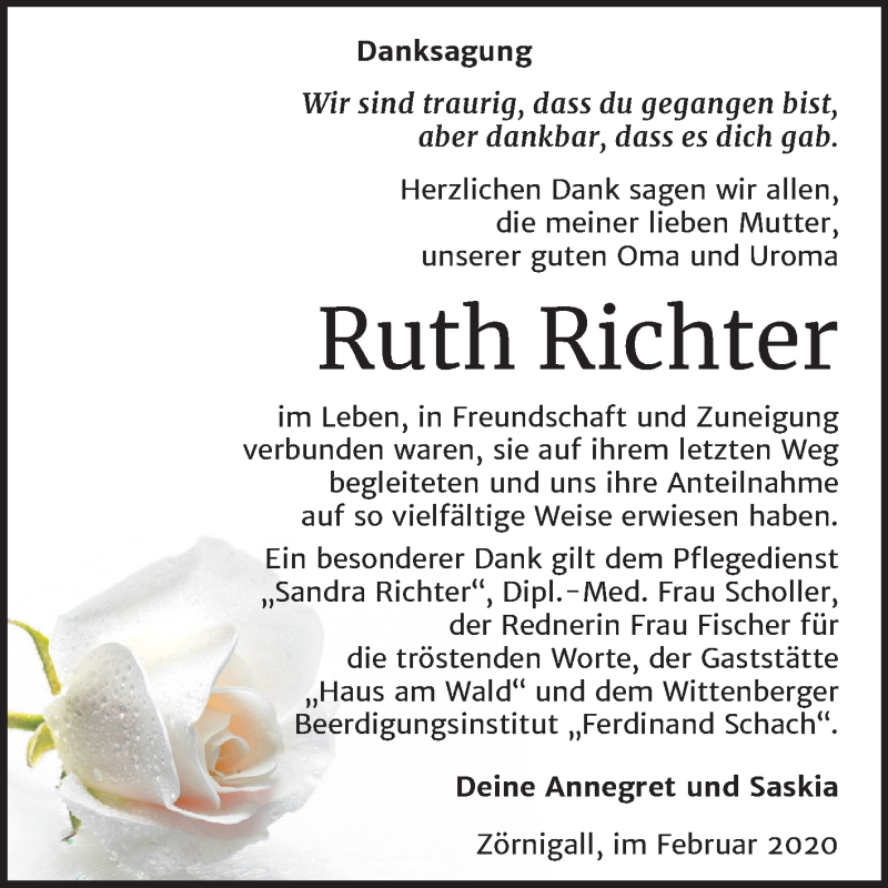  Traueranzeige für Ruth Richter vom 22.02.2020 aus Mitteldeutsche Zeitung Wittenberg
