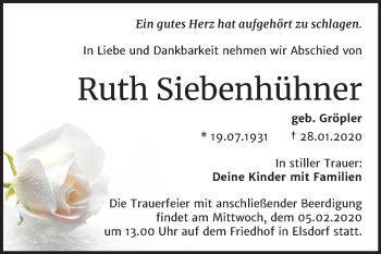 Traueranzeige von Ruth Siebenhühner von Super Sonntag Köthen