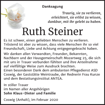 Traueranzeige von Ruth Steiner von Mitteldeutsche Zeitung Wittenberg