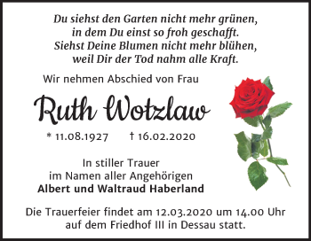 Traueranzeige von Ruth Wotzlaw von Super Sonntag Dessau-Roßlau