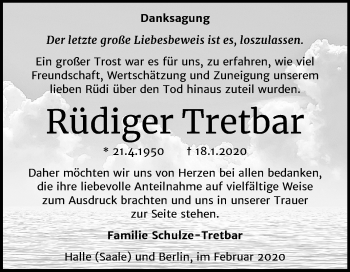 Traueranzeige von Rüdiger Tretbar von Mitteldeutsche Zeitung Halle/Saalkreis