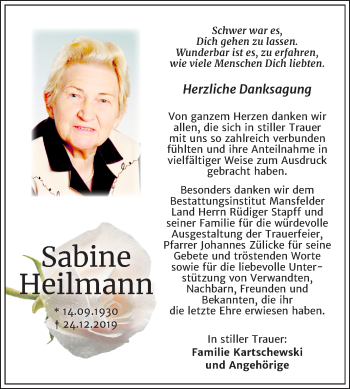 Traueranzeige von Sabine Heilmann von Mitteldeutsche Zeitung Mansfelder Land
