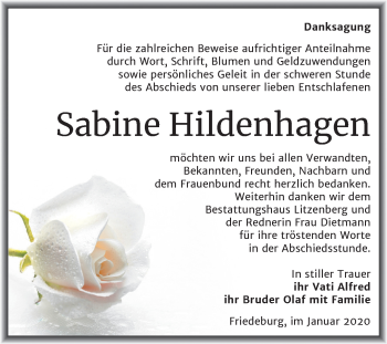 Traueranzeige von Sabine Hildenhagen von Mitteldeutsche Zeitung Mansfelder Land