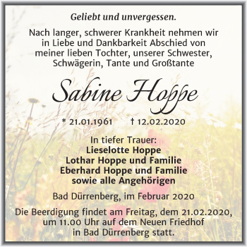 Traueranzeige von Sabine Hoppe von Mitteldeutsche Zeitung Merseburg/Querfurt