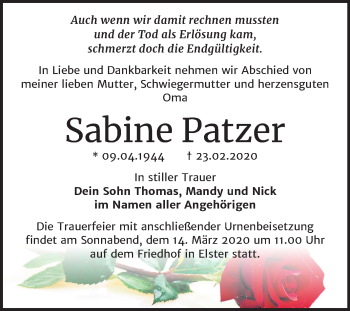Traueranzeige von Sabine Patzer von Super Sonntag Wittenberg