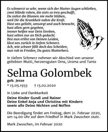 Traueranzeige von Selma Golombek von Mitteldeutsche Zeitung Wittenberg