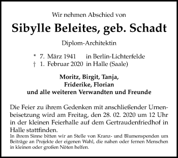 Traueranzeige von Sibylle Beleites von Mitteldeutsche Zeitung Halle/Saalkreis
