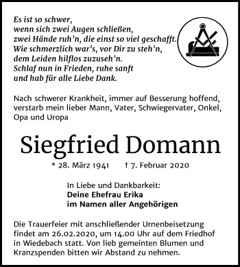 Traueranzeige von Siegfried Domann von Wochenspiegel Weißenfels