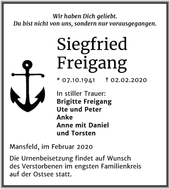 Traueranzeige von Siegfried Freigang von Mitteldeutsche Zeitung Mansfelder Land