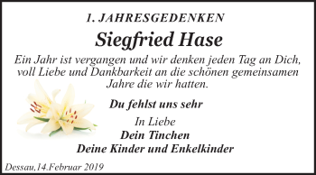 Traueranzeige von Siegfried Hase von Super Sonntag Dessau-Roßlau