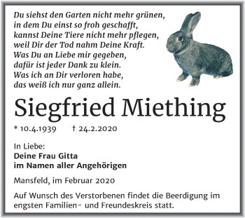 Traueranzeige von Siegfried Miething von Super Sonntag Mansfelder Land