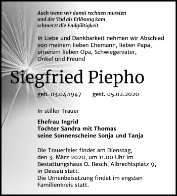 Traueranzeige von Siegfried Piepho von Super Sonntag Dessau-Roßlau
