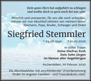 Traueranzeige von Siegfried Stemmler von Mitteldeutsche Zeitung Aschersleben