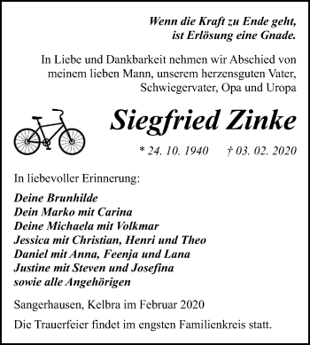 Traueranzeige von Siegfried Zinke von Super Sonntag Sangerhausen