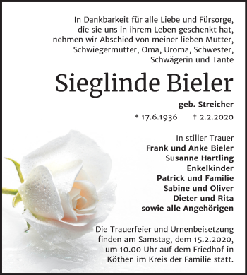 Traueranzeige von Sieglinde Bieler von Mitteldeutsche Zeitung Köthen