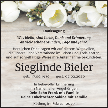 Traueranzeige von Sieglinde Bieler von Super Sonntag Köthen