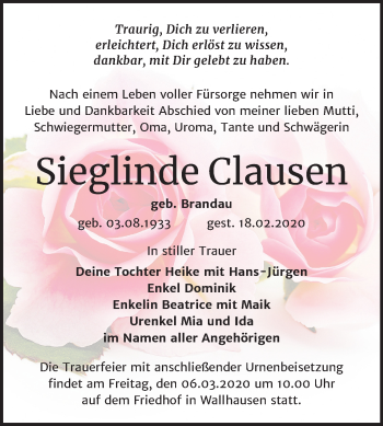 Traueranzeige von Sieglinde Clausen von Mitteldeutsche Zeitung Sangerhausen