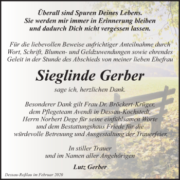 Traueranzeige von Sieglinde Gerber von Mitteldeutsche Zeitung Dessau-Roßlau
