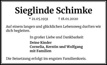 Traueranzeige von Sieglinde Schimke von Wochenspiegel Bitterfeld