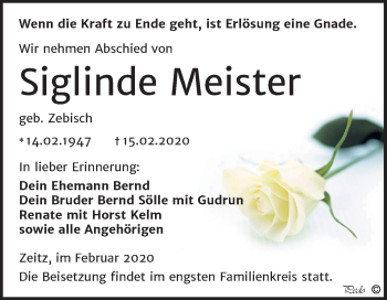 Traueranzeige von Siglinde Meister von Mitteldeutsche Zeitung Zeitz