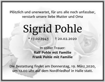 Traueranzeige von Sigrid Pohle von Mitteldeutsche Zeitung Halle/Saalkreis