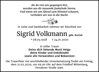 Traueranzeige von Sigrid Volkmann von Mitteldeutsche Zeitung Wittenberg