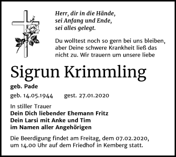 Traueranzeige von Sigrun Krimmling von Super Sonntag Wittenberg