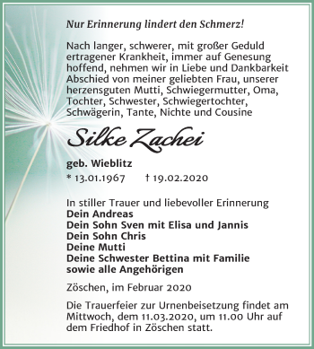 Traueranzeige von Silke Zachei von Mitteldeutsche Zeitung Merseburg/Querfurt