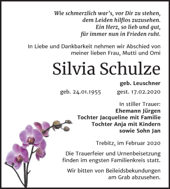Traueranzeige von Silvia Schulze von Super Sonntag Wittenberg