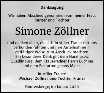Traueranzeige von Simone Zöllner von Mitteldeutsche Zeitung Quedlinburg