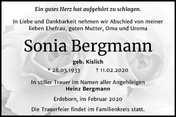 Traueranzeige von Sonia Bergmann von Mitteldeutsche Zeitung Mansfelder Land