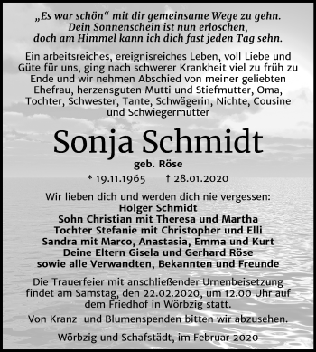 Traueranzeige von Sonja Schmidt von Mitteldeutsche Zeitung Köthen