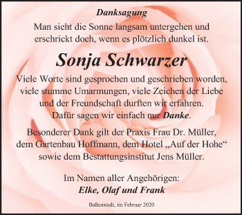 Traueranzeige von Sonja Schwarzer von Mitteldeutsche Zeitung Quedlinburg