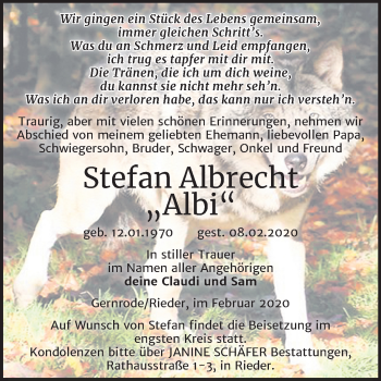 Traueranzeige von Stefan Albrecht von Super Sonntag Quedlinburg