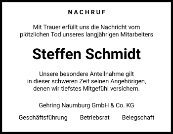 Traueranzeige von Steffen Schmidt von Wochenspiegel Naumburg/Nebra